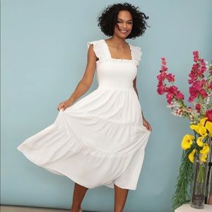 Smocked Tiered White Midi Dress